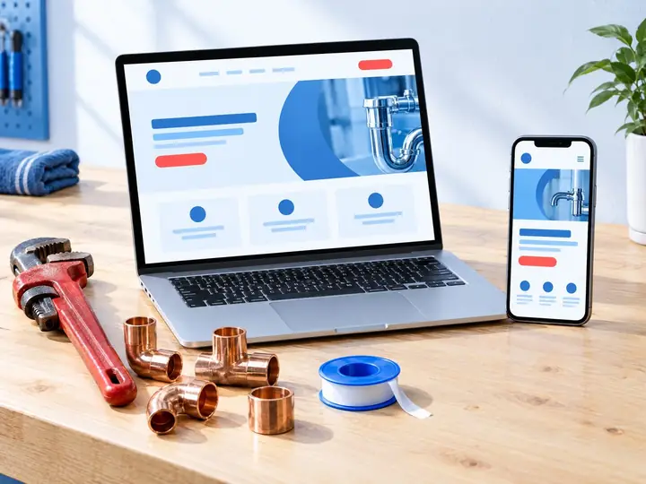 Laptop and phone showing a clean website next to plumbing tools