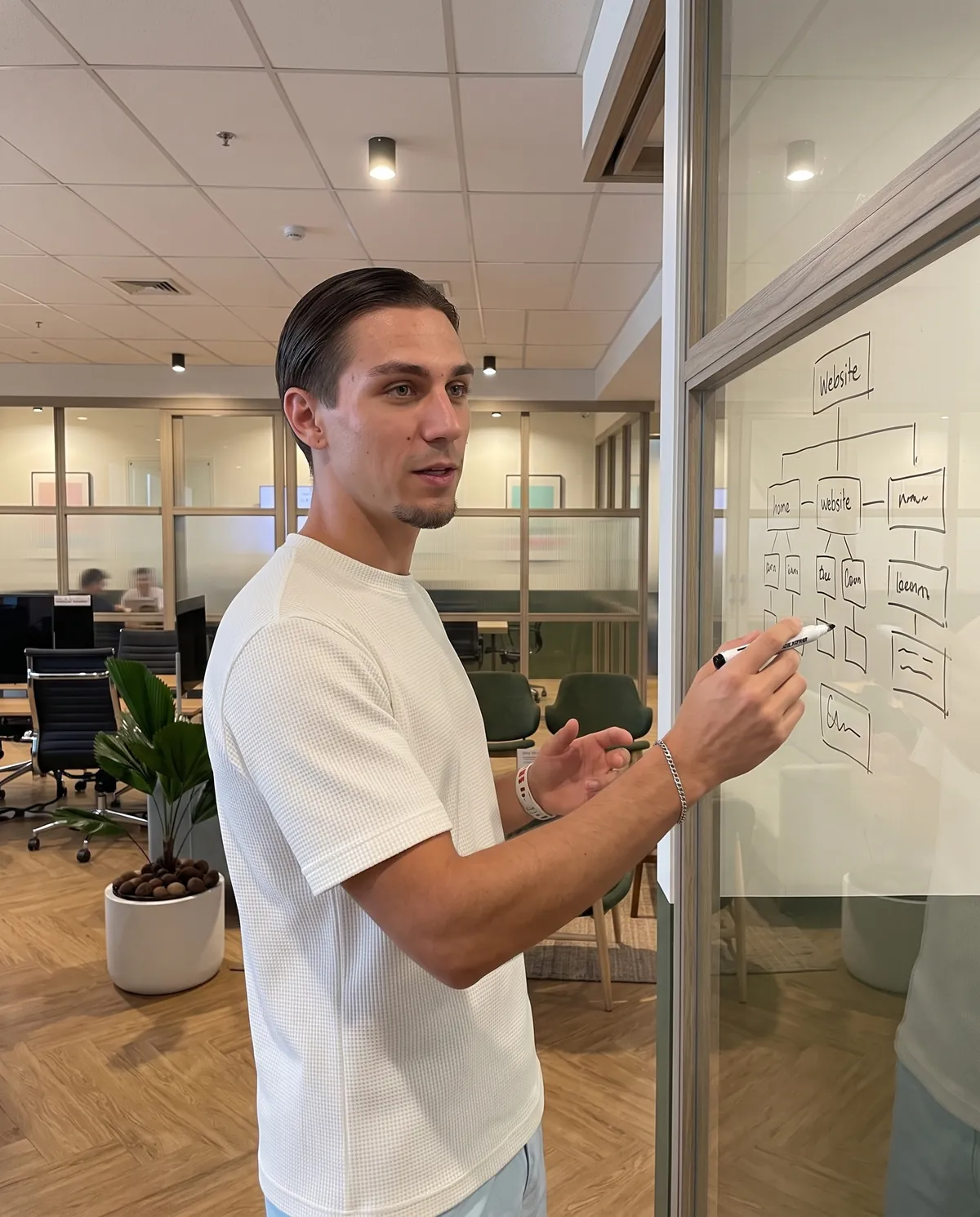 Nick Bennett drawing a website sitemap on a glass wall